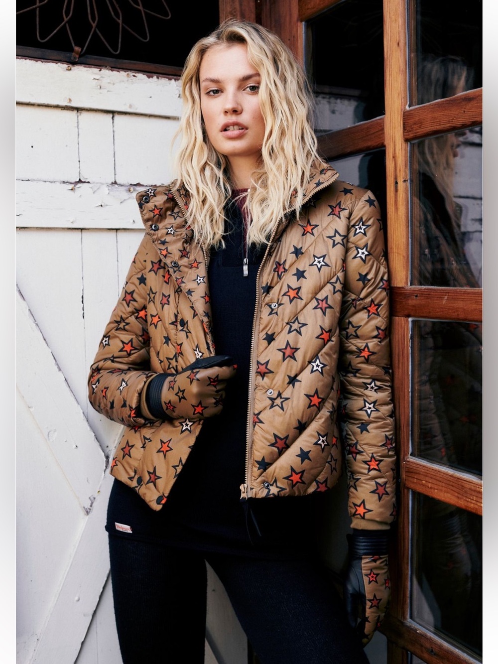 Scotch & Soda Tan Star-Print Quilted Puffer Jacket